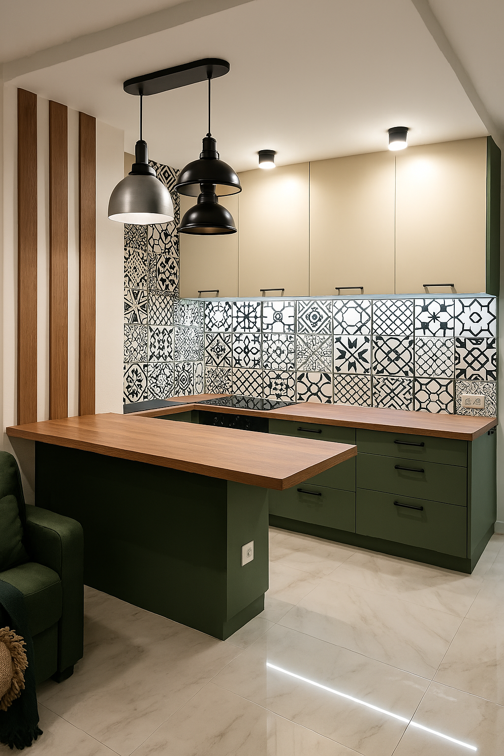 Кухня угловая с островом лофт — Чёрный и кремовый